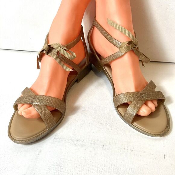 Melissa Jason Wu Womens Sz 7 Summer Sandals Glitter Bronze Tie Up Open Toe Vegan - Picture 2 of 13